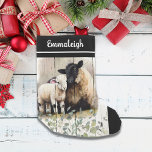 Petite Chaussette De Noël Pays Français Botanique Suffolk Sheep<br><div class="desc">Cute,  Suffolk ewe et son enfant derrière la végétation botanique d'eucalyptus. Ferme,  vintage,  victorienne,  signalétique sur un arrière - plan usé,  blanc,  en bois. Idéal pour une ferme rustique ou une ambiance de Noël à la campagne française.</div>