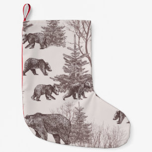 Petite Chaussette De Noël Paysage avec ours, oursons, arbres d'hiver et sapi