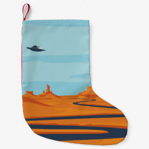 Petite Chaussette De Noël paysage avec vallée déserte, montagnes, sombre w