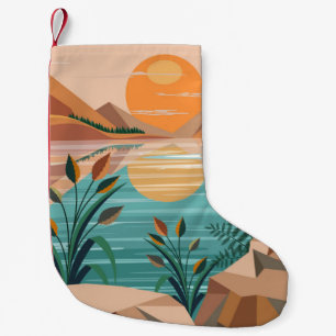 Petite Chaussette De Noël Paysage de coucher de soleil au lac de montagne pa