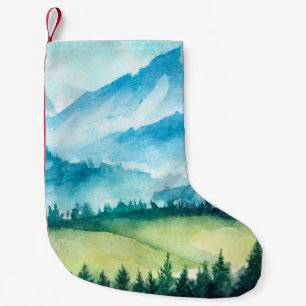 Petite Chaussette De Noël Paysage des montagnes. Illustration aquarelle.