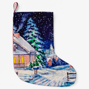 Petite Chaussette De Noël Paysage hivernal enneigé. Maison de campagne. Noël