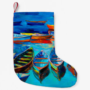 Petite Chaussette De Noël peinture à l'huile de bateaux et mer sur toile. C