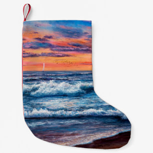 Petite Chaussette De Noël  peinture à l'huile d'Océan et plage sur toile. g 