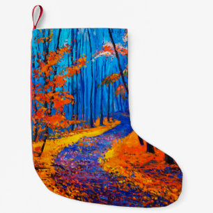 Petite Chaussette De Noël peinture à l'huile montrant belle forêt d'automne