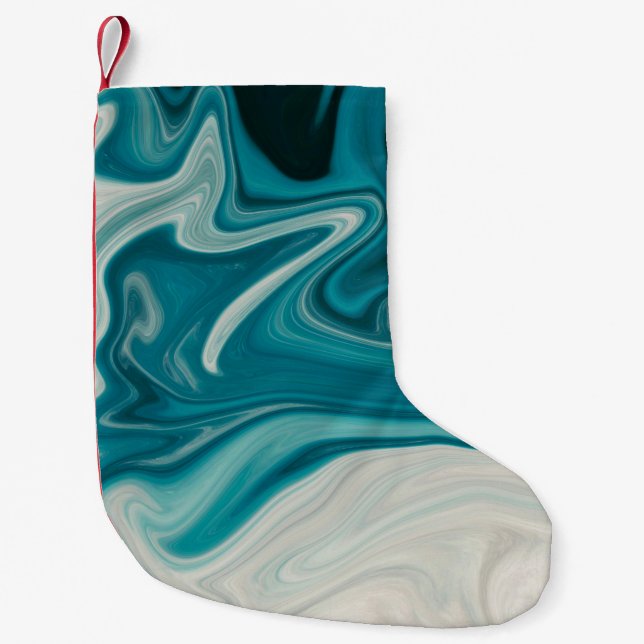 Petite Chaussette De Noël Peinture abstraite blanche et turquoise (Devant)
