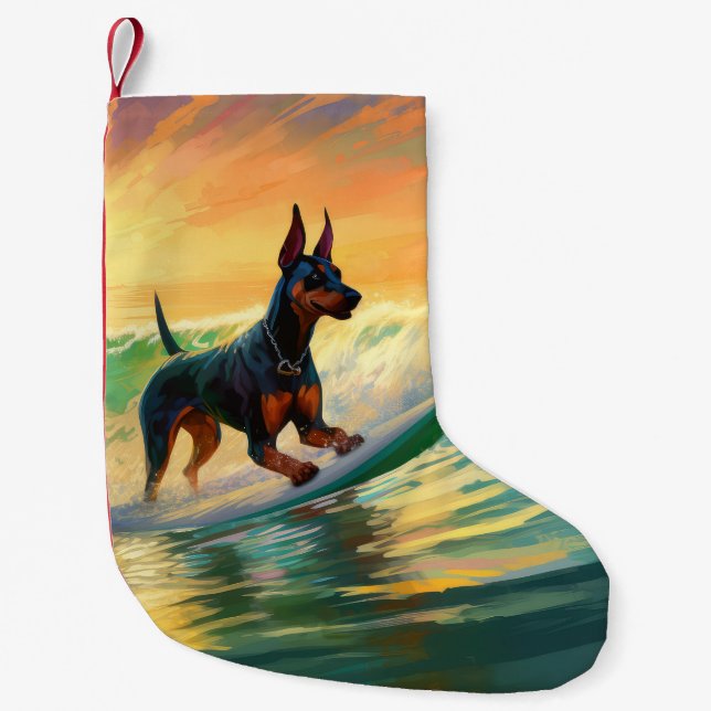 Petite Chaussette De Noël Peinture de Surf à la Plage de Doberman (Devant)