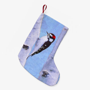 Petite Chaussette De Noël Peinture Downy Woodpecker - Art original pour oise
