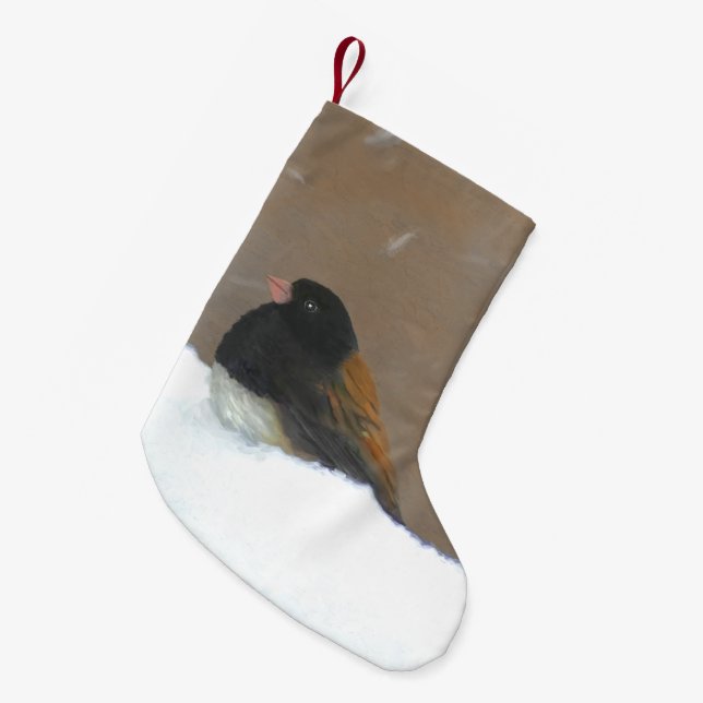 Petite Chaussette De Noël Peinture Junco foncée - Art original pour oiseaux (Devant (Accrochage))
