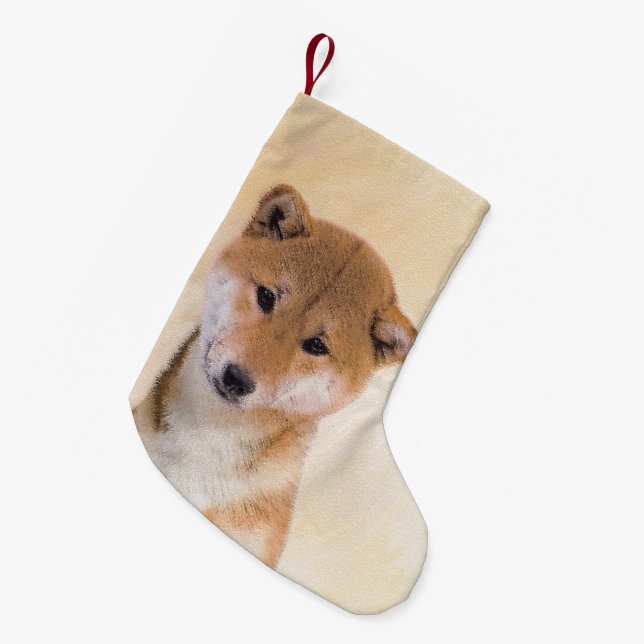 Petite Chaussette De Noël Peinture Shiba Inu (Rouge) - Art Chien original (Devant (Accrochage))