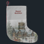 Petite Chaussette De Noël Père Noël ancienne avec enfants devant une église<br><div class="desc">Le vieux Santa with children in front of a church on a snowy day. 100% de customizable. Click on the CUSTOMIZE button to add,  move,  delete,  resize or change any of the fonts or graphics.</div>