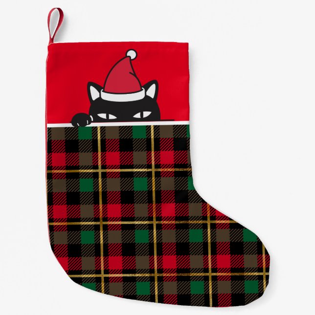 Petite Chaussette De Noël Père Noël Chat noir Peeking Buffalo Plaid Funny (Devant)