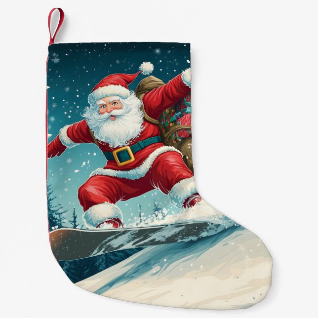 Petite Chaussette De Noël Père Noël livre des cadeaux de Noël sur snowboard (Devant)