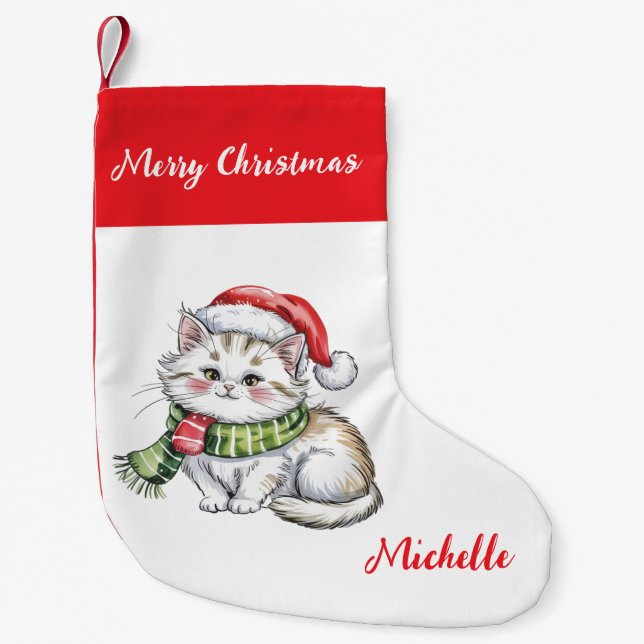 Petite Chaussette De Noël Personalized Cute Christmas Cat Holiday       (Devant)