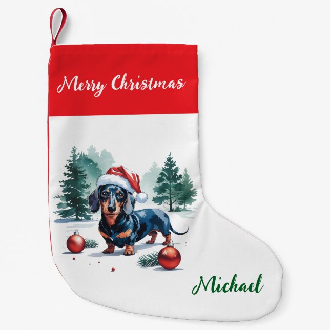 Petite Chaussette De Noël Personalized Dachshund in Santa Hat Christmas (Devant)