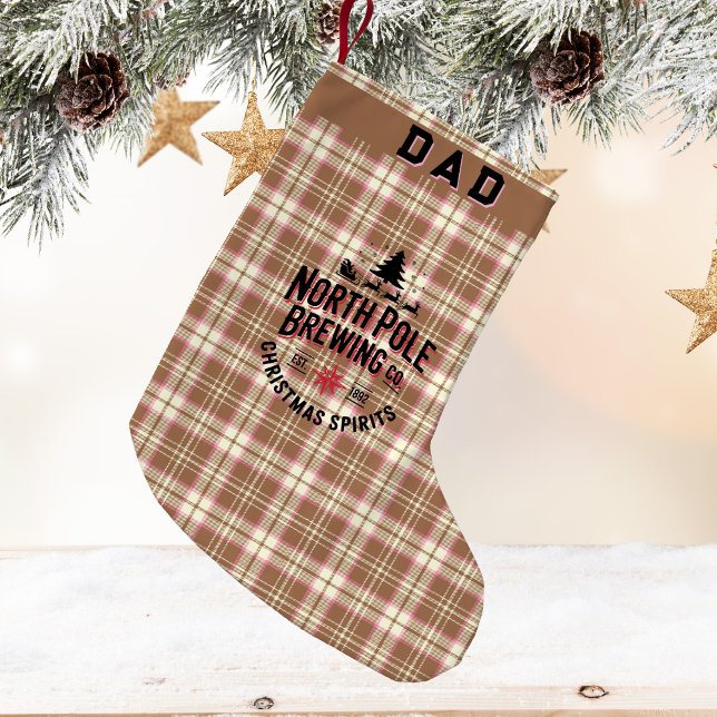 Petite Chaussette De Noël Personalized North Pole Brewing (🍺 North Pole Brewing Co. 🎄 Rustic plaid, holiday humor & custom charm for Dad or Grandpa!)
