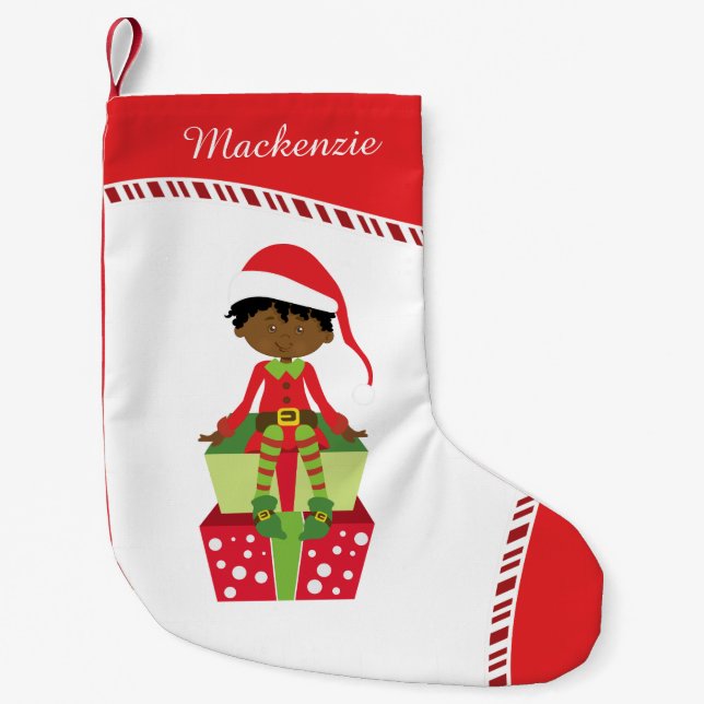 Petite Chaussette De Noël Personnalisation de l'elfe de garçon afro-américai (Devant)