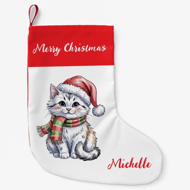 Petite Chaussette De Noël Personnalisé Mignon Chat de Noël Vacances       (Devant)