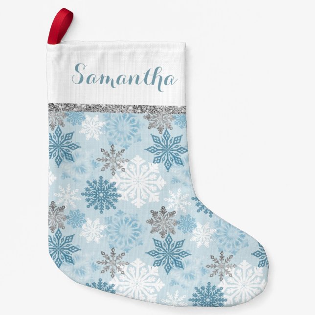 Petite Chaussette De Noël Personnalisé Winter Blue Et Silver (Devant)