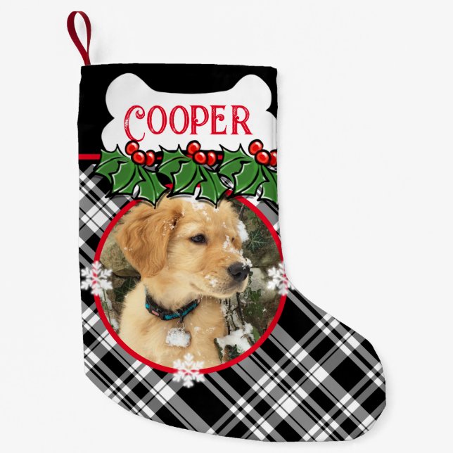 Petite Chaussette De Noël Personnaliser chien animal blanc noir plaid (Devant)