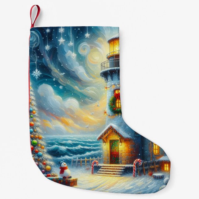 Petite Chaussette De Noël Phare de Noël Arbre Nautique Bleu Côtier (Devant)