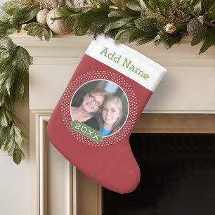 Petite Chaussette De Noël Photo avec cadre à pois rouges et année personnali