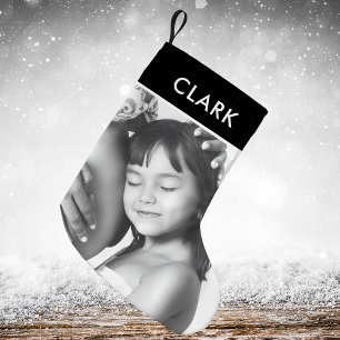 Petite Chaussette De Noël Photo classique de famille Tartan noir blanc plaid