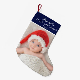 Petite Chaussette De Noël Photo de bébé élégant bleu avec nom personnalisé