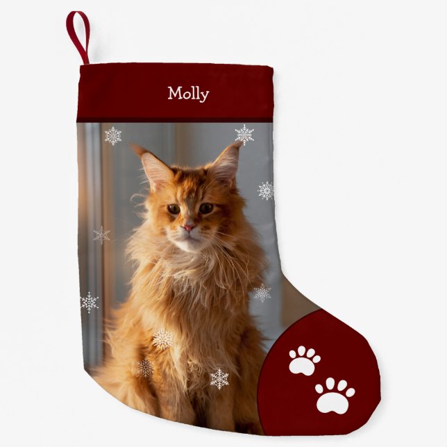 Petite Chaussette De Noël Photo de chat de Noël Rouge Personnalisé Grand (Devant)