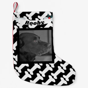 Petite Chaussette De Noël Photo de chien de Noël noire et nom blanc d'os