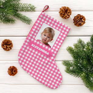 Petite Chaussette De Noël Photo de fille à carreaux roses & Nom Gingham rust