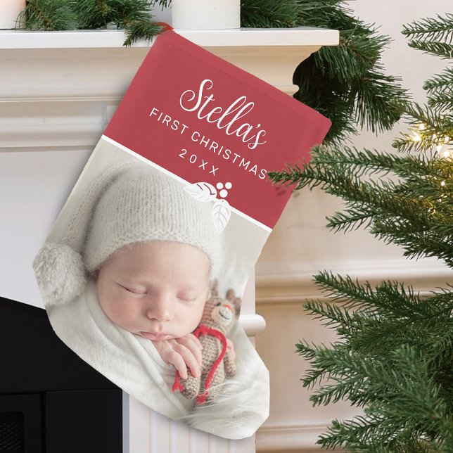 Petite Chaussette De Noël Photo de Noël personnalisé moderne pour le premier (Modern First Christmas Photo Personalized Small Christmas Stocking)