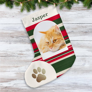 Petite Chaussette De Noël Photo et nom de chat personnalisés Rayures rouges