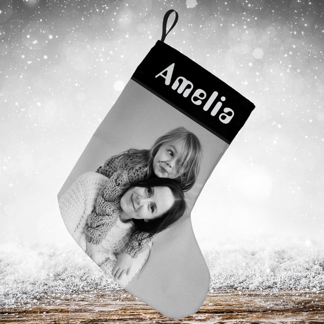 Petite Chaussette De Noël Photo Noir Blanc Rustique Festif Tartan Plaid (Créateur téléchargé)