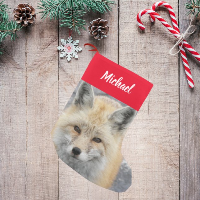 Petite Chaussette De Noël Photo Red Fox mignonne avec nom (In Situ)