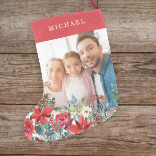 Petite Chaussette De Noël Photo rouge jolie famille rustique monogrammed