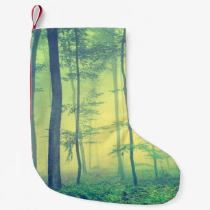 Petite Chaussette De Noël Photo vintage de forêt printanière brumeuse.