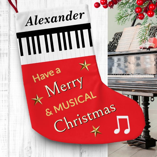 Petite Chaussette De Noël Piano Keys Bright Red Music Thème Personnalisé (A personalized Christmas stocking, in red with piano keys pattern and festive greeting)