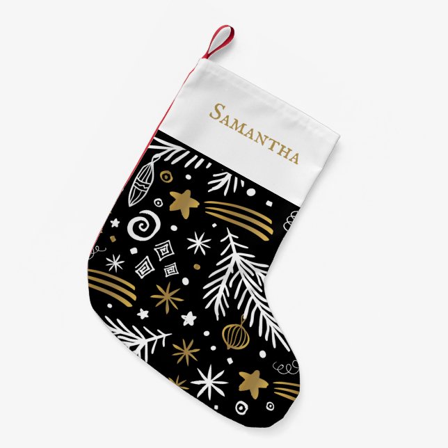 Petite Chaussette De Noël Pin doodle d'or noir avec nom festif (Devant (Accrochage))