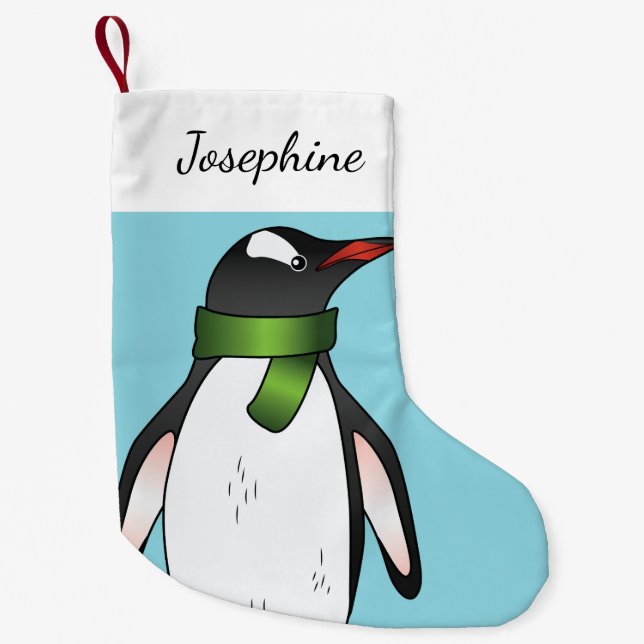 Petite Chaussette De Noël Pingouin Gentoo Mignonne Portant Une Écharpe Verte (Devant)
