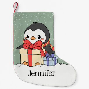 Petite Chaussette De Noël Pingouin mignon avec cadeaux de Noël dans la chute