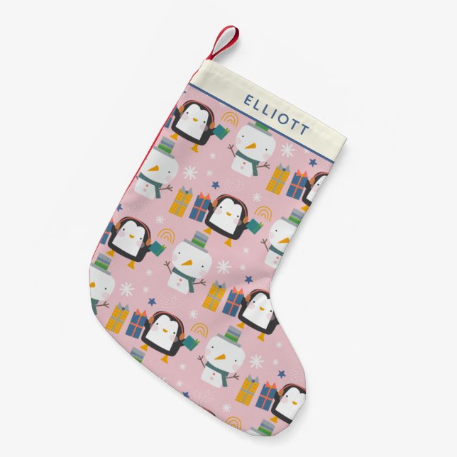 Petite Chaussette De Noël Pingouins d'hiver mignons et Snowman rose Personna (Devant (Accrochage))