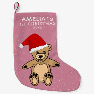 Petite Chaussette De Noël Pink Baby`s First Christmas Teddy Bear Santa Hat