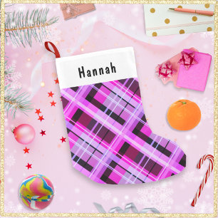 Petite Chaussette De Noël Pink Plaid Winter Patterned Chic Nom Personnalisé