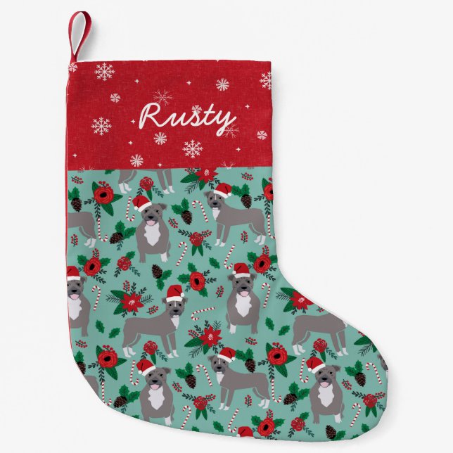 Petite Chaussette De Noël Pitbull Christmas Floral Nom personnalisé (Devant)
