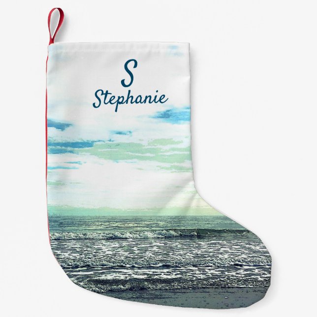 Petite Chaussette De Noël Plage Artistique Océan Bleu Monogramme initial (Devant)