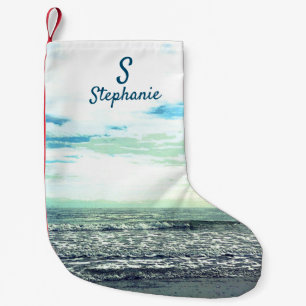Petite Chaussette De Noël Plage Artistique Océan Blue Monogramme initial
