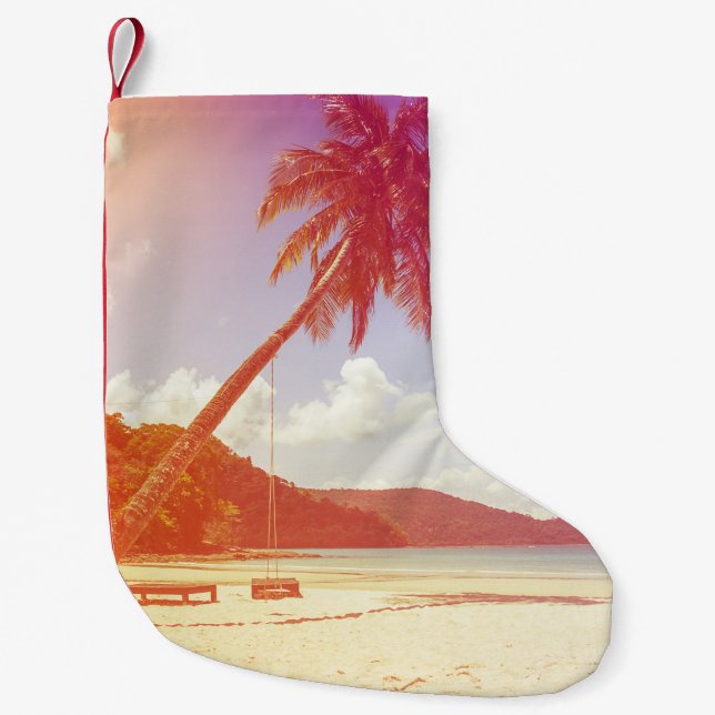 Petite Chaussette De Noël Plage, cocotier, lit en bois. (Devant)