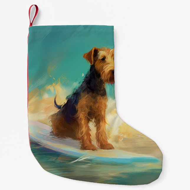 Petite Chaussette De Noël Plage d'Airedale Surfing Painting (Devant)