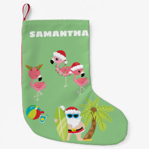 Petite Chaussette De Noël Plage tropicale Père Noël et Flamants roses